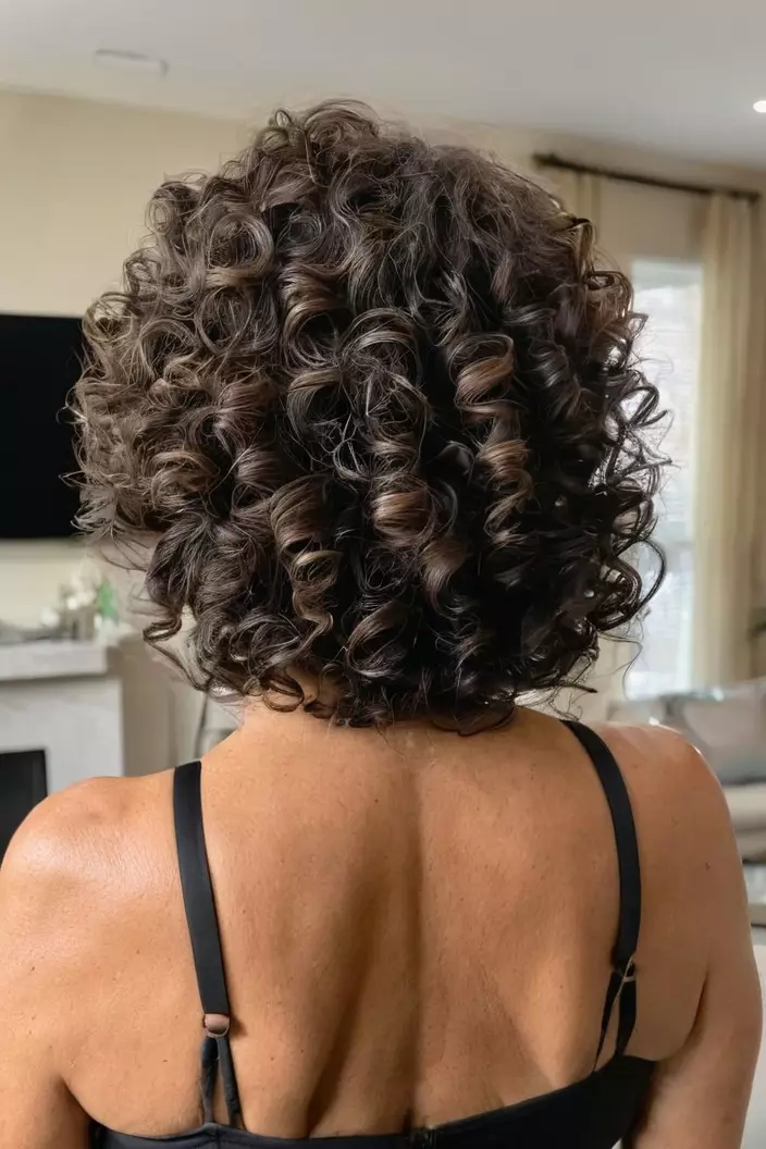A photo of a 55-year-old Jessica, Cropped Curls, back view, living room background  