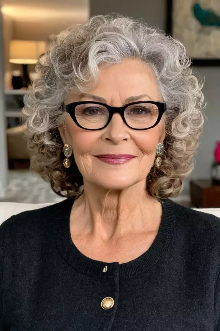 A photo of a 64-year-old Barbara wearing glasses, cropped curls, front view, living room background  