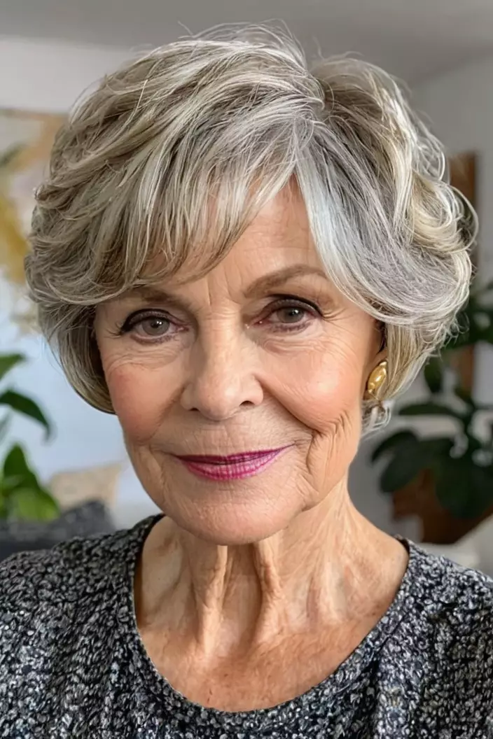 A photo of a 60-year-old Doris, wavy pixie bob with fine hair, front view, living room background  