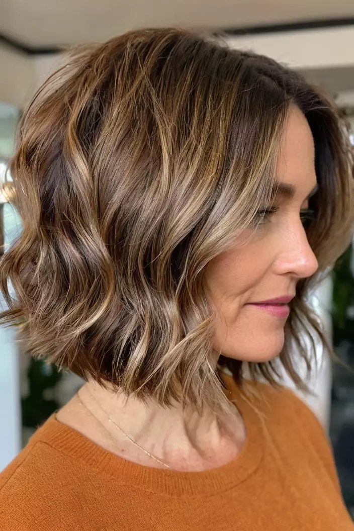 A photo of a 43-year-old Jessica, textured bob with soft waves for thick hair, living room background  