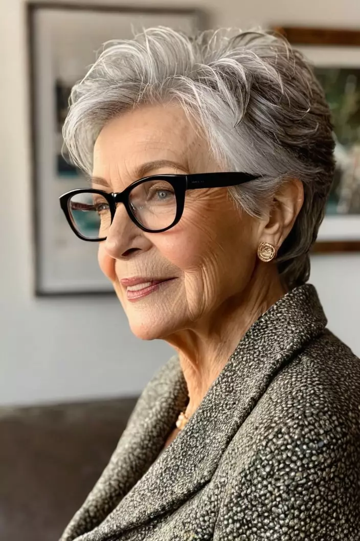 A photo of a 75-year-old Christina wearing glasses, textured pixie, side view, living room background  