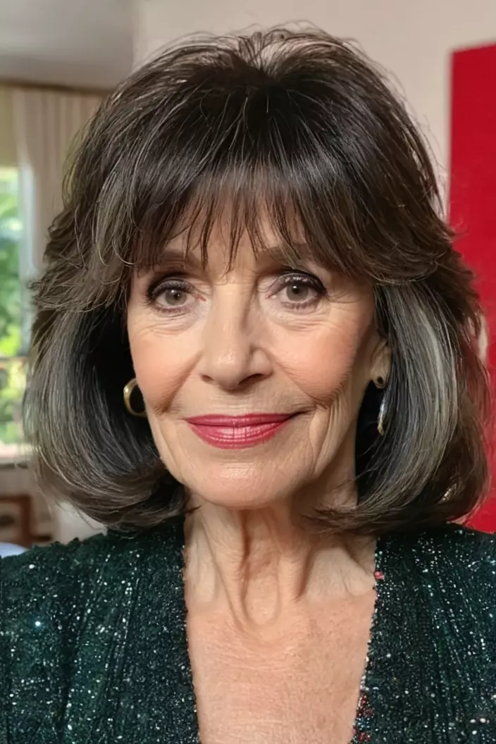 Shag With Curtain Bangs A photo of a 61-year-old Joan, shag with curtain bangs, front view, living room background