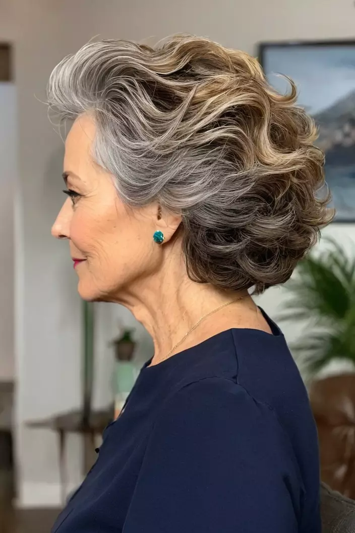 A photo of a 51-year-old Sheila, Air-Dried Waves hairstyle, side view, living room background  