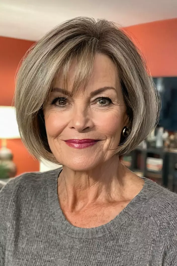 A photo of a 56-year-old Laura, Classic Bob, front view, living room background  