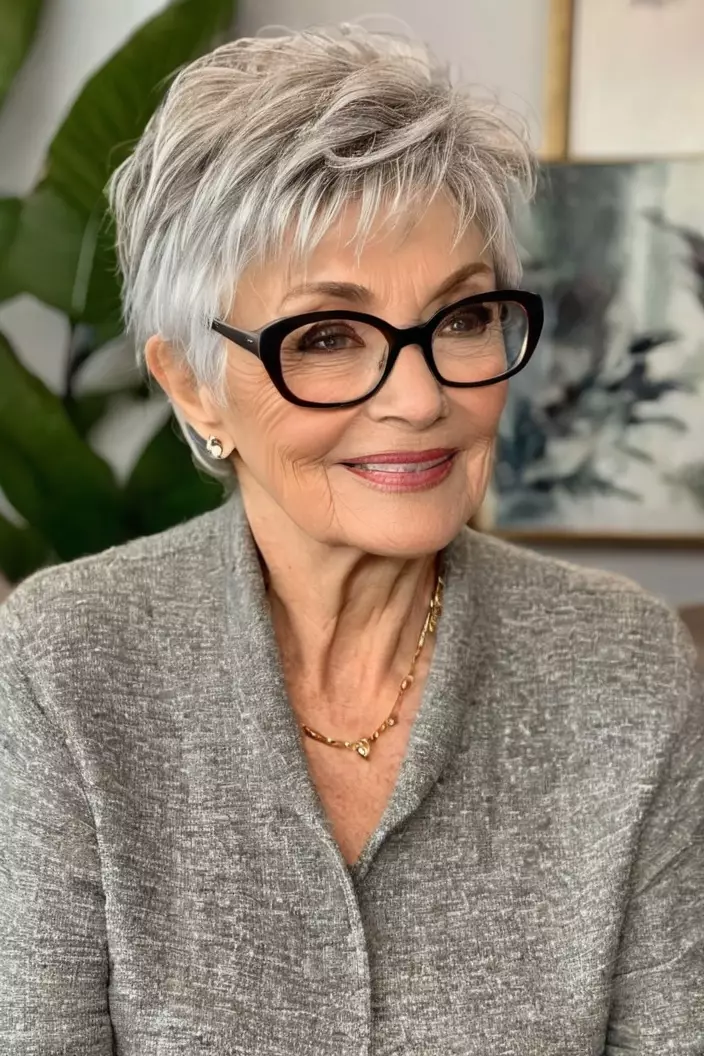 A photo of a 71-year-old Joan wearing glasses, wispy pixie cut, side view, living room background  