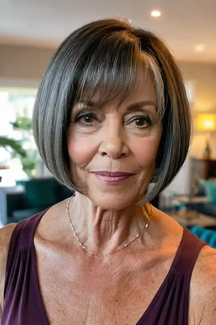 A photo of a 59-year-old Michelle, blunt bob, front view, living room background  