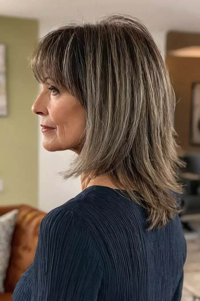 A photo of a 53-year-old Lisa, textured layers with bangs, back view, living room background  