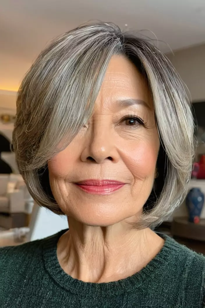 A photo of a 56-year-old Carol, Chin-Length Layered Bob, front view, living room background  