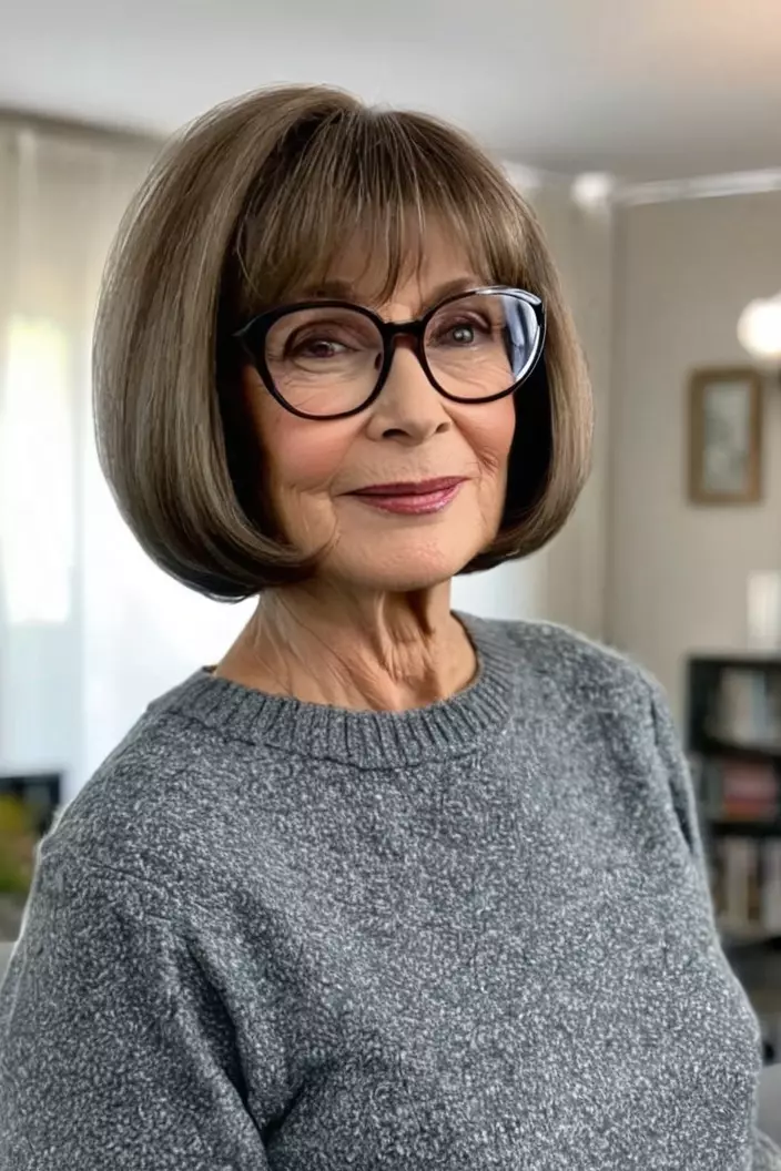 A photo of a 67-year-old Carol wearing glasses, voluminous rounded bob with bangs, back view, living room background  