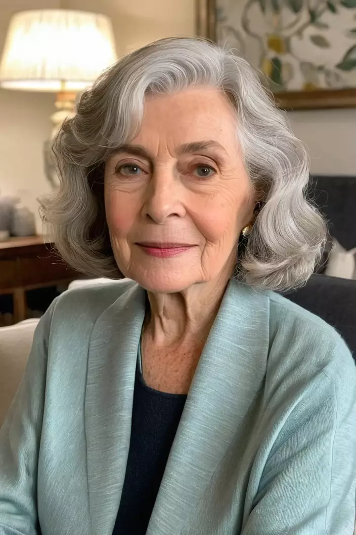 A photo of a 68-year-old Edna, soft shoulder-length waves, front view, living room background  