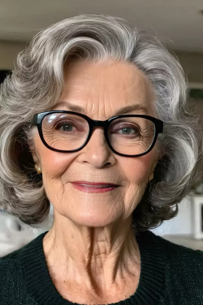 A photo of a 68-year-old Judith wearing glasses, jaw-length waves, front view, living room background  