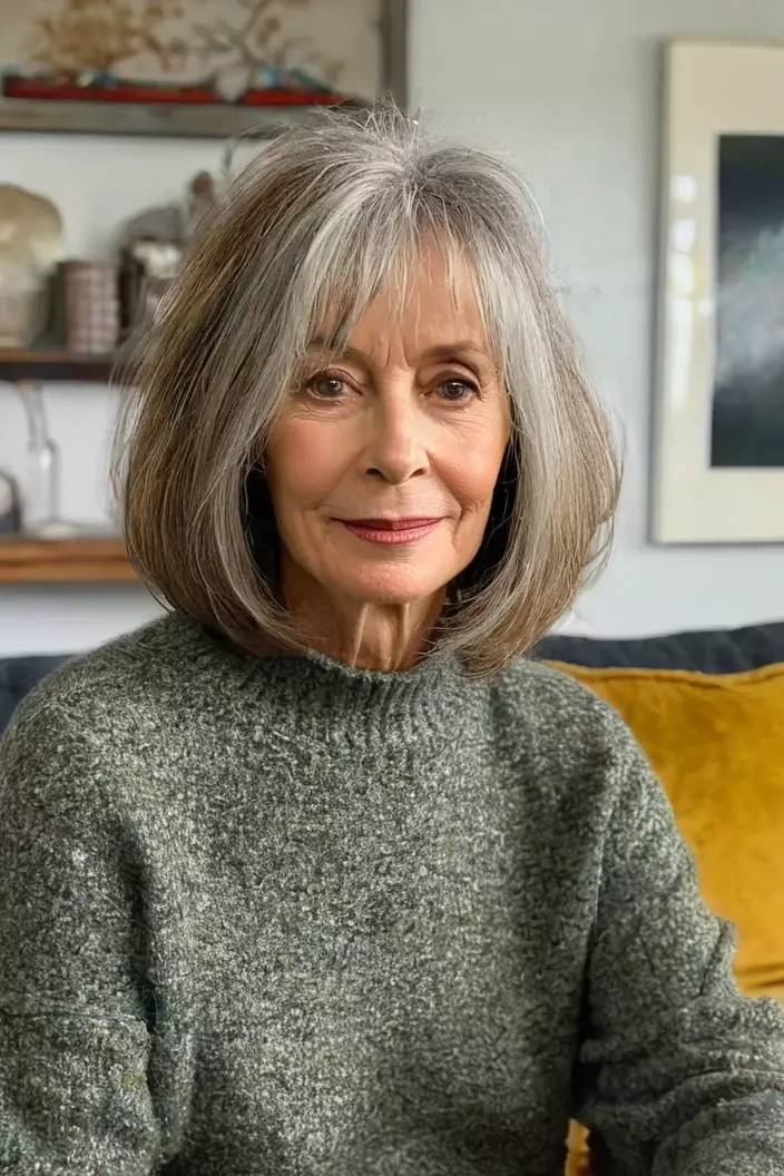 Shaggy Long Bob A photo of a 60-year-old Carol, shaggy long bob, front view, living room background