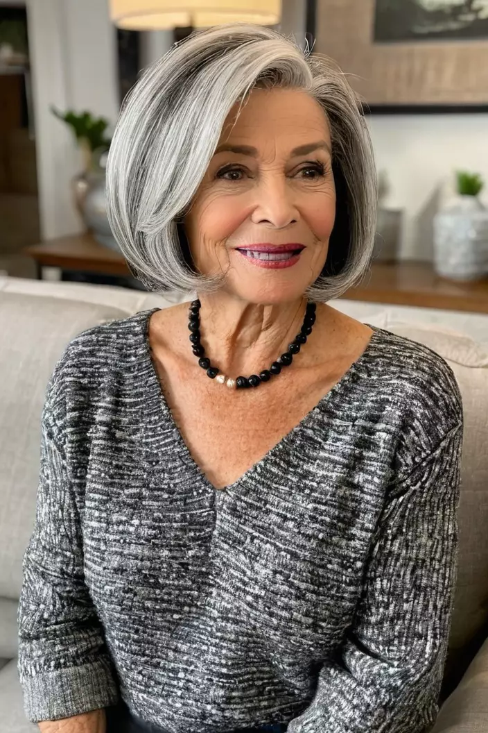 A photo of a 56-year-old Carol, salt and pepper bob, front view, living room background  