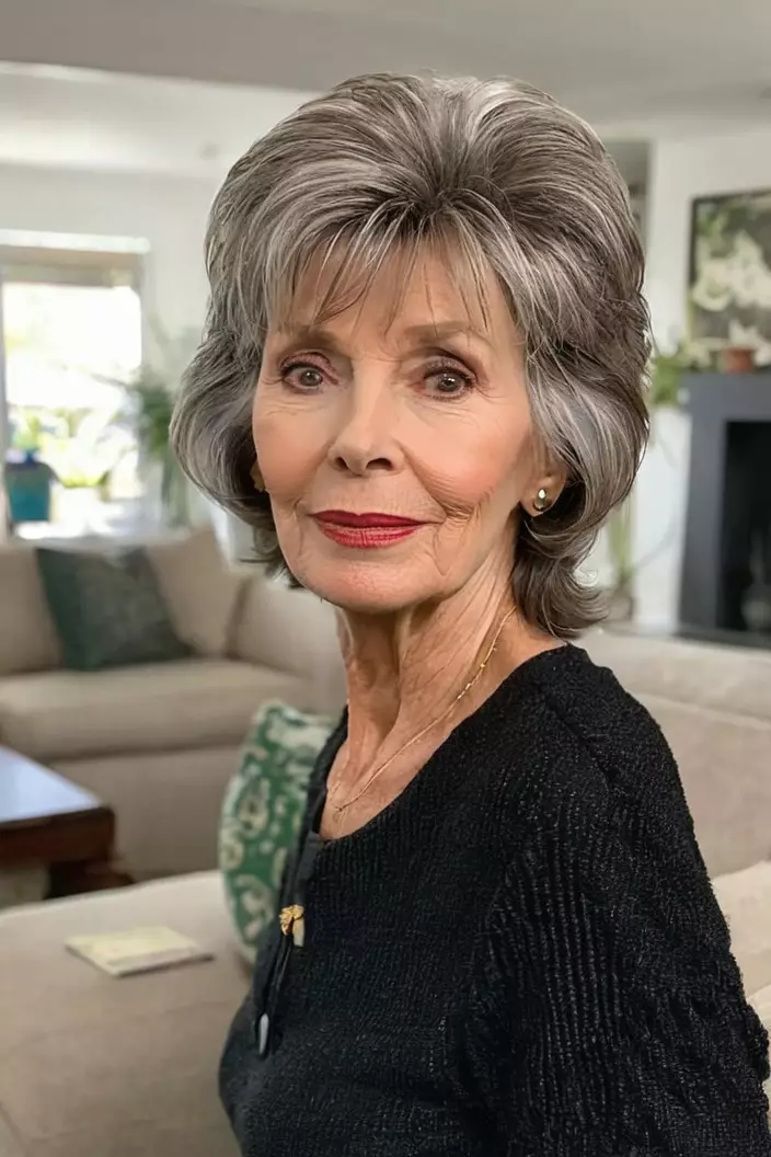 Long Highlighted Shag A photo of a 62-year-old Doris, long highlighted shag, front view, living room background