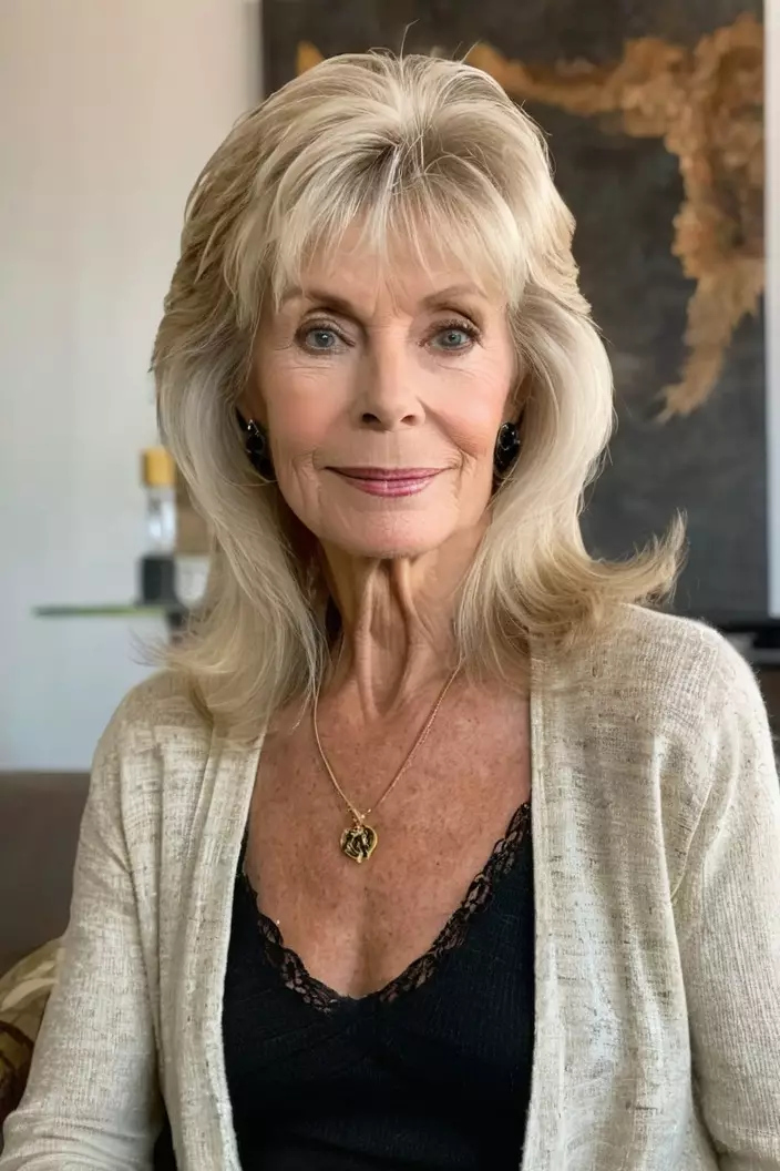 Long Blonde Shag A photo of a 67-year-old Diane, long blonde shag, front view, living room background