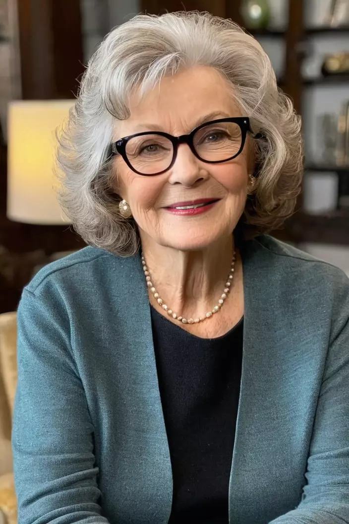 A photo of a 71-year-old Carol wearing glasses, curled mid-length cut, front view, living room background  