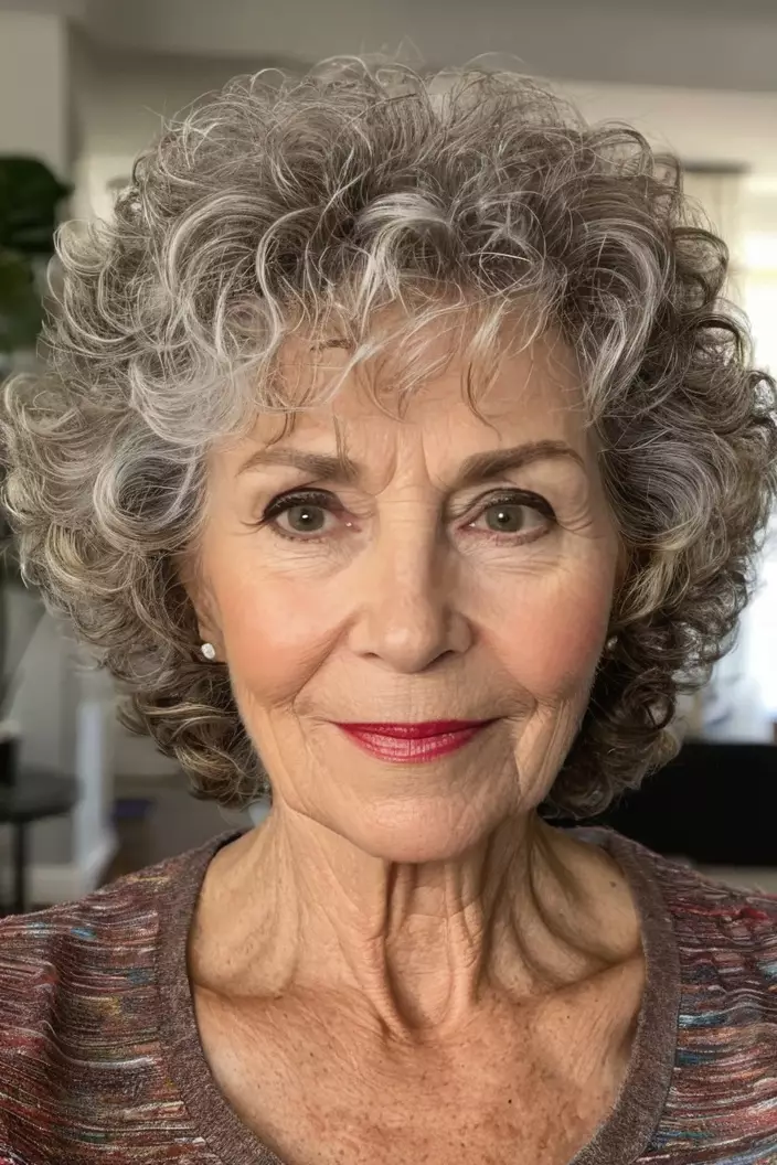 A photo of a 64-year-old Judy, curly layers with fine hair, front view, living room background  