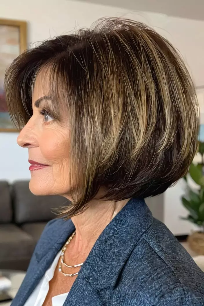 A photo of a 62-year-old Elaine, highlighted layered bob with fine hair, side view, living room background  