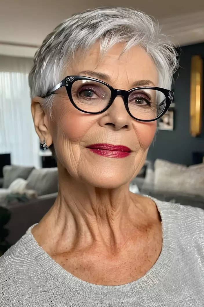 A photo of a 60-year-old Betty wearing glasses, straight silver pixie, angled view, living room background  