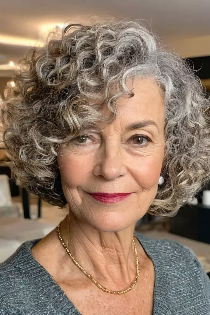 A photo of a 60-year-old Sylvia, rounded curly bob with fine hair, front view, living room background  