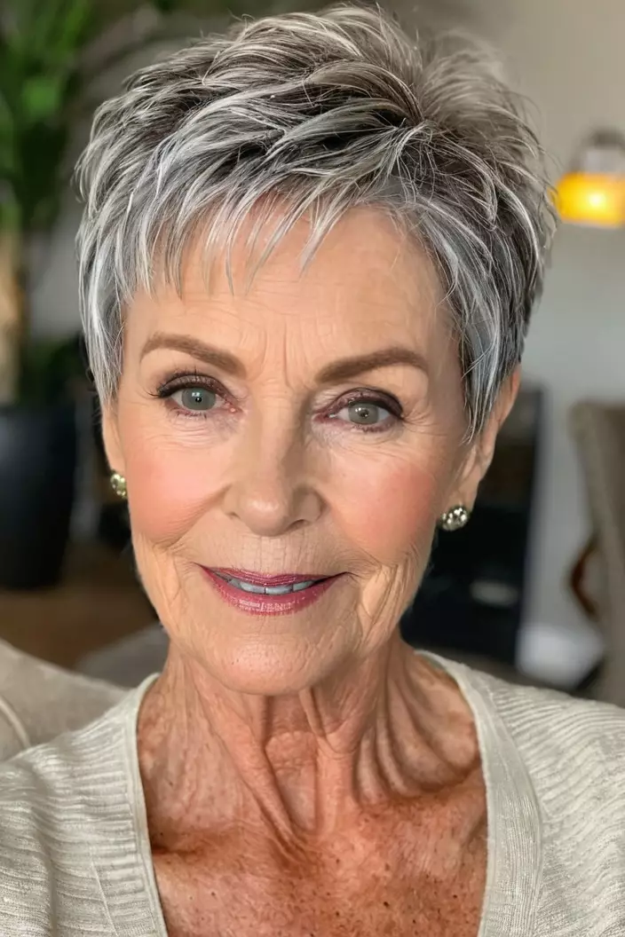 A photo of a 66-year-old Megan, cropped pixie, front view, living room background  