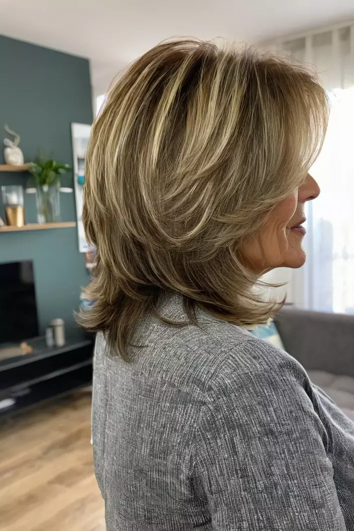 A photo of a 55-year-old Patricia, medium-length layers with highlights, back view, living room background  