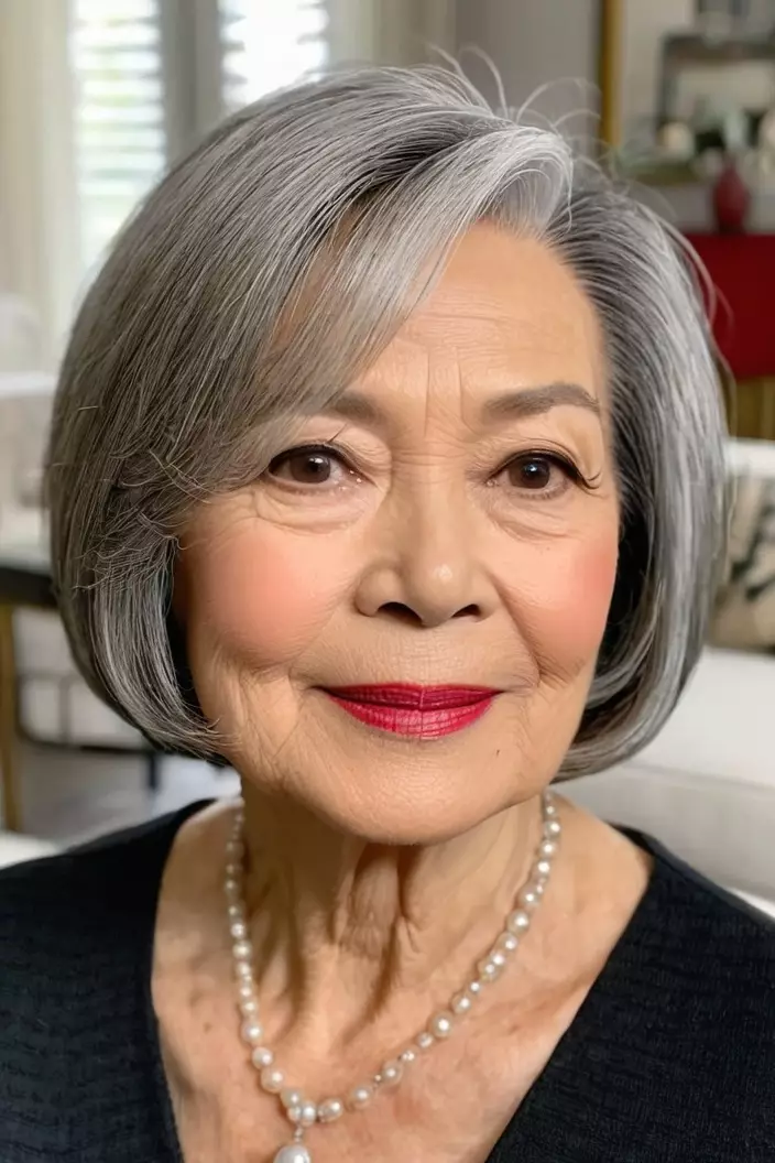 A photo of a 66-year-old Margaret, chin-length bob with side part with fine hair, front view, living room background  