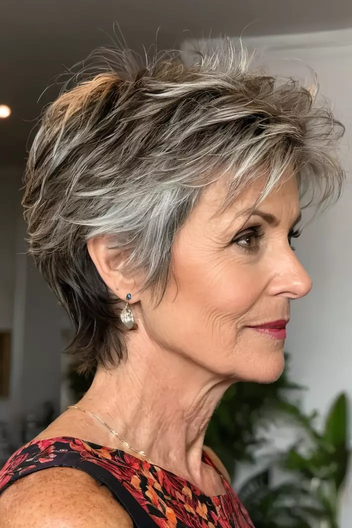 A photo of a 52-year-old Nancy, tousled pixie, side view, living room background  