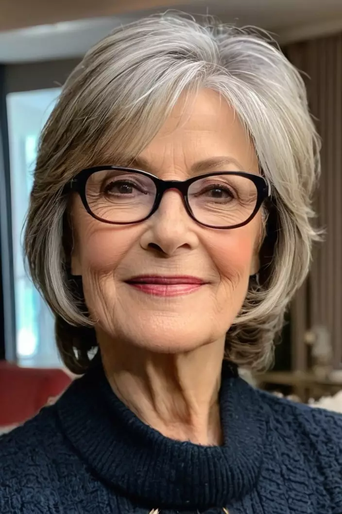 A photo of a 64-year-old Anna wearing glasses, chin-length layers with side-swept bangs, angled view, living room background  