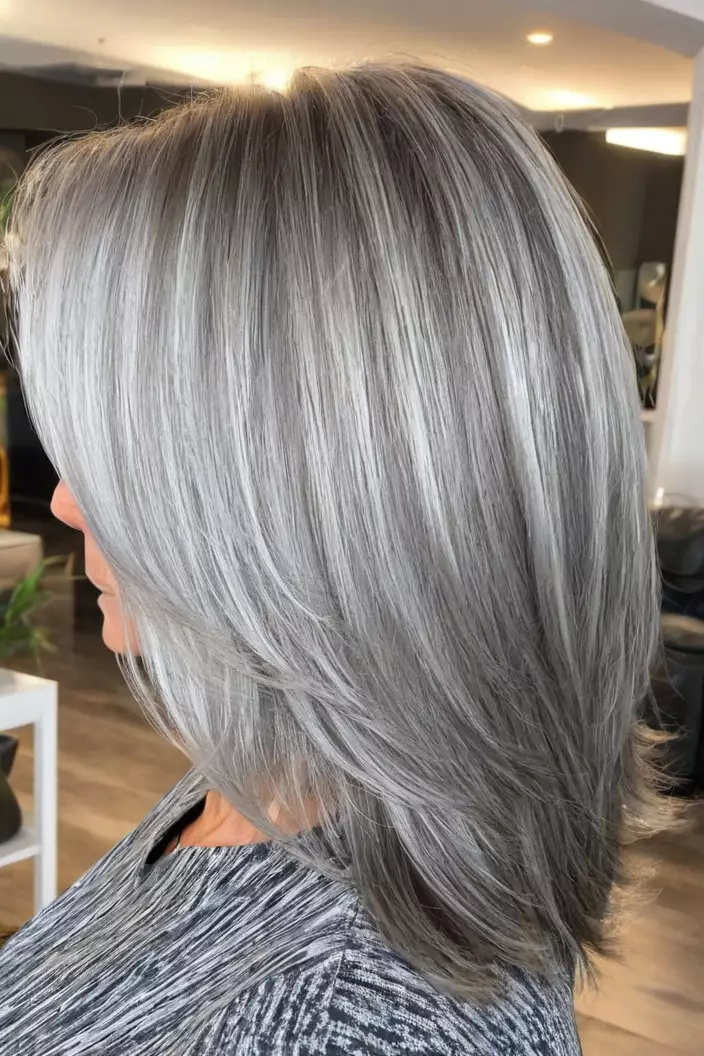 A photo of a 50-year-old Michelle, Layered Silver Lob for Thick Hair, back view, living room background  