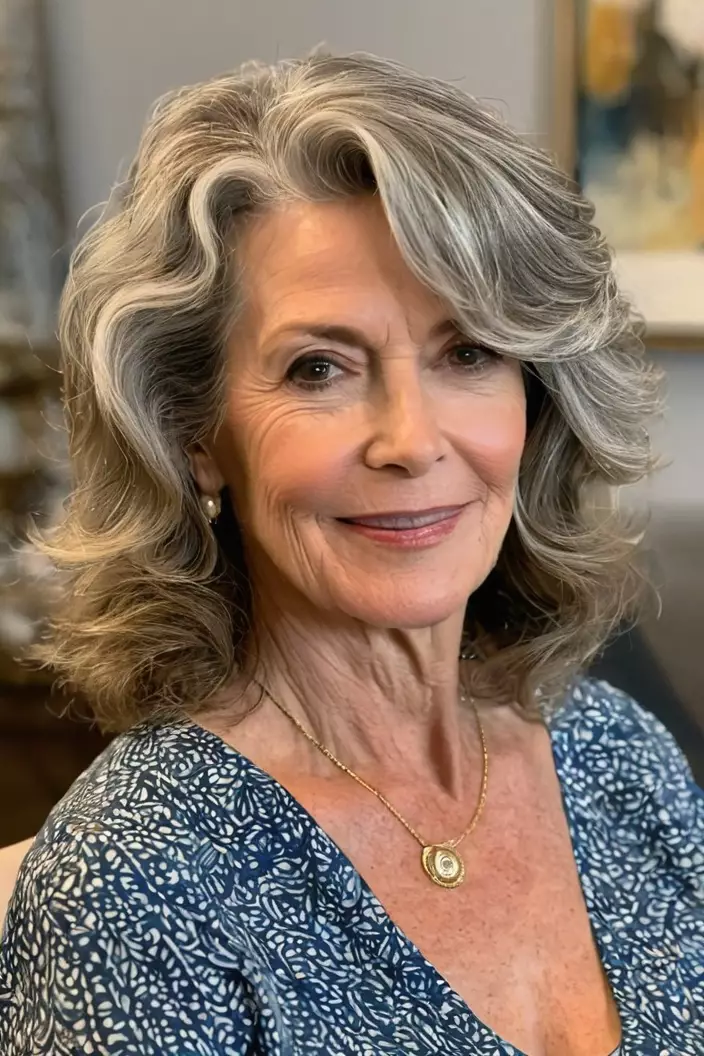 A photo of a 56-year-old Susan, shoulder-length waves, side view, living room background  
