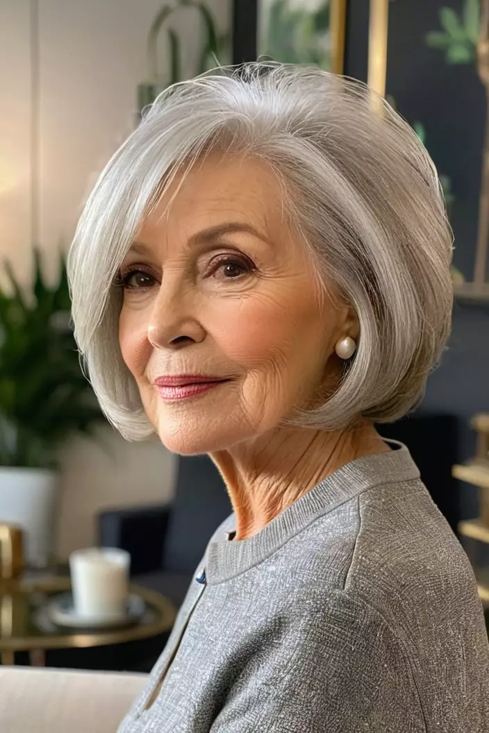 A photo of a 71-year-old Doris, soft layered bob hairstyle, side view, living room background  