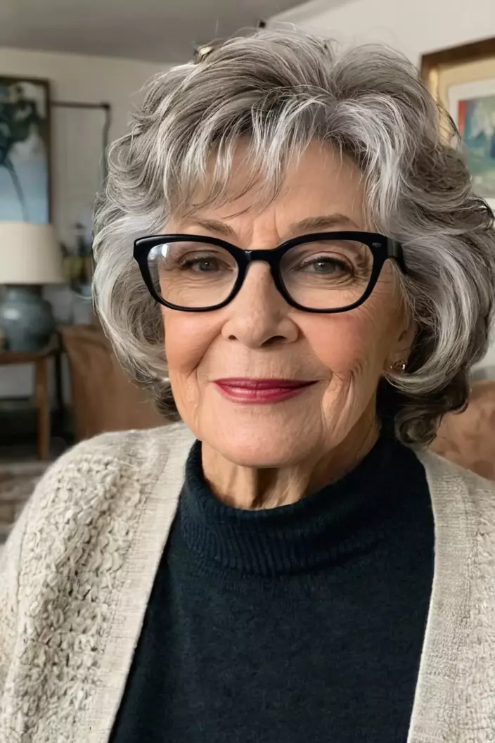A photo of a 66-year-old Judy wearing glasses, choppy waves, back view, living room background  