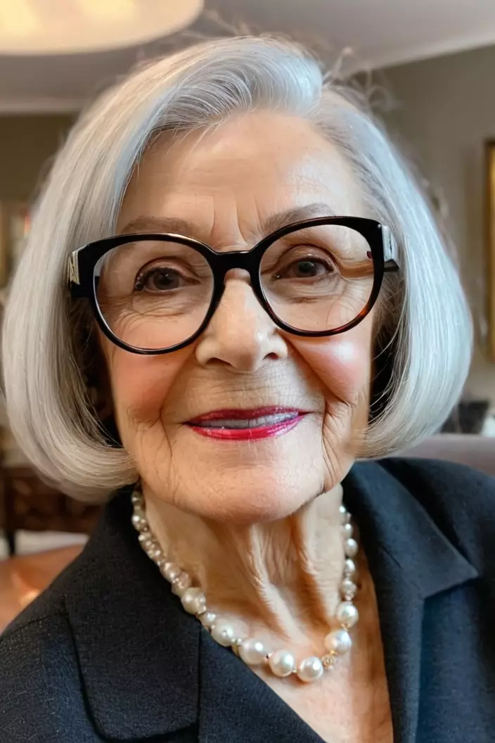 A photo of a 73-year-old Patricia wearing glasses, angled bob, back view, living room background  