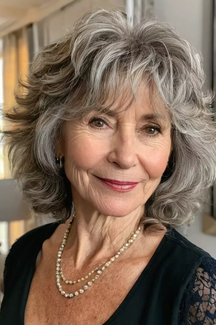 Shoulder-Length Wavy Shaggy Layers A photo of a 60-year-old Joyce, shoulder-length wavy shaggy layers, angled view, living room background