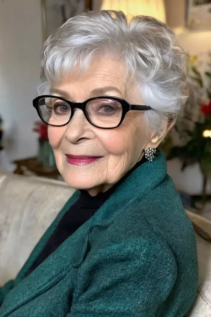A photo of a 78-year-old Barbara wearing glasses, platinum piecey pixie, back view, living room background  