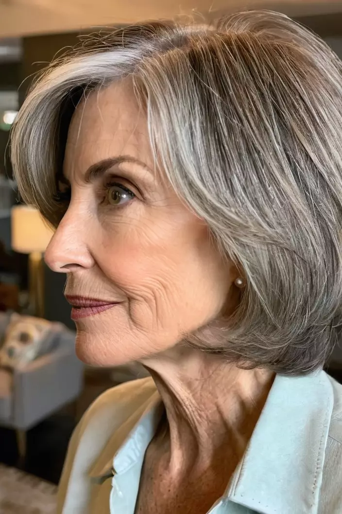 A photo of a 57-year-old Diane, Face-Framing Bob, side view, living room background  