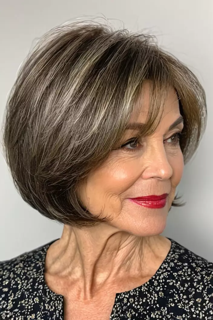 A photo of a 61-year-old Natalie, chin-length layered bob with fine hair, front