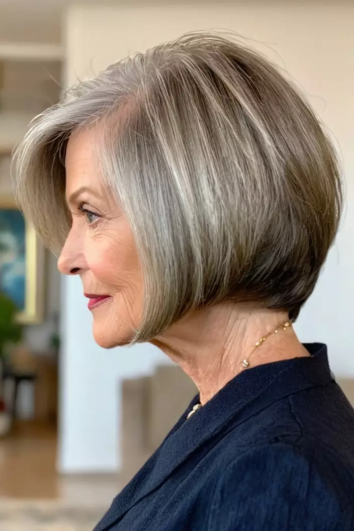 A photo of a 67-year-old Susan, cropped bob with side-sweeping layers with fine hair, side view, living room background  