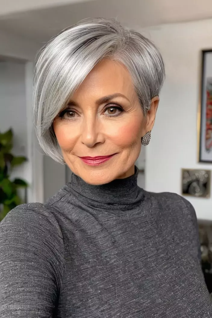 A photo of a 57-year-old Jessica, silver pixie bob, front view, living room background  