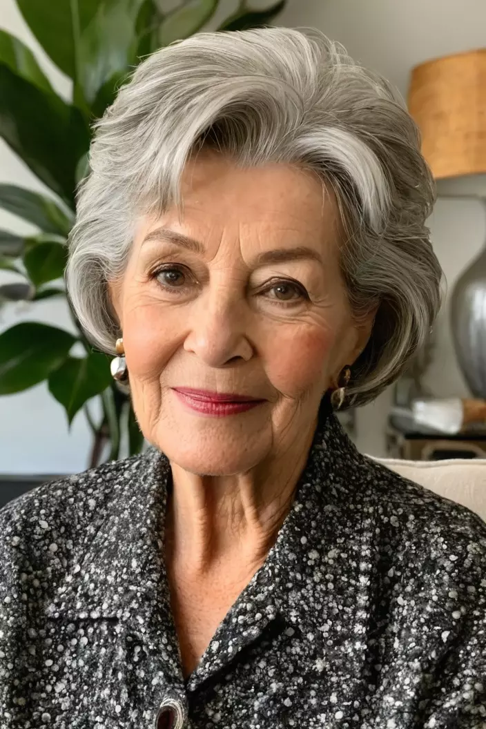 A photo of a 68-year-old Yvonne, salt and pepper layers, front view, living room background  