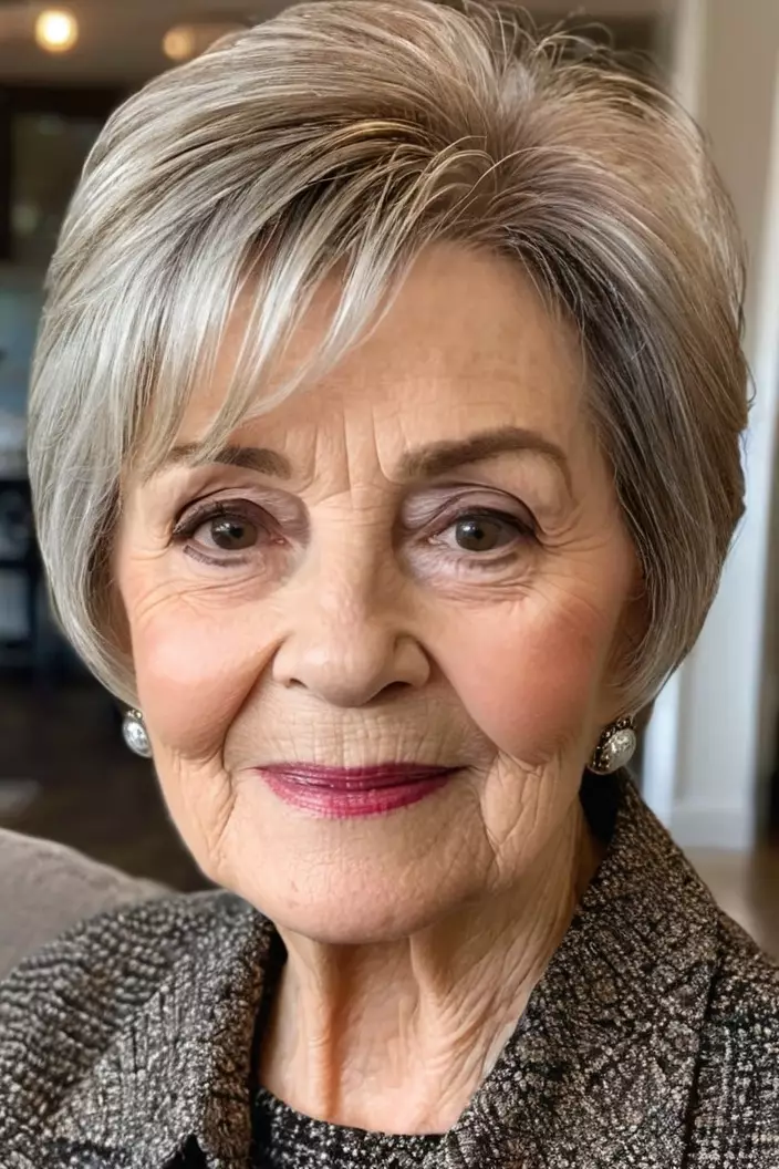 A photo of a 77-year-old Ruth, short layered cut for fine hair hairstyle, front view, living room background  