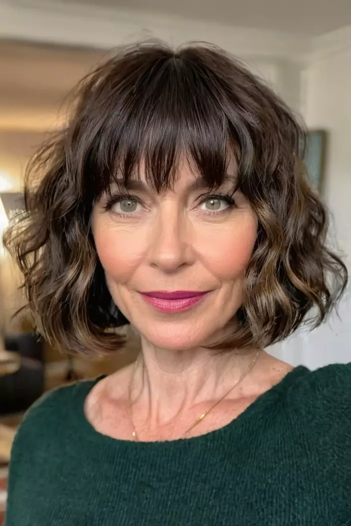 A photo of a 45-year-old Sarah, wavy bob with bangs, front view, living room background  