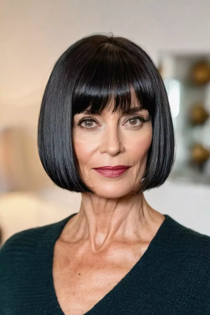 A photo of a 51-year-old Emily, sleek short bob with bangs, front view, living room background  