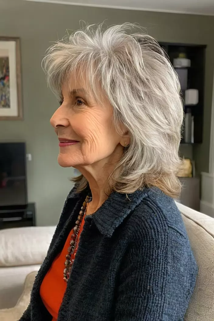 Mid-Length Shaggy Layers A photo of a 66-year-old Karen, mid-length shaggy layers, side view, living room background