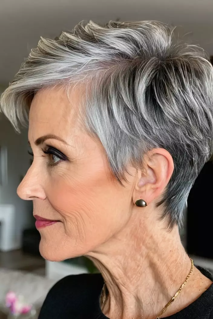 A photo of a 58-year-old Betty, tapered pixie, side view, living room background  