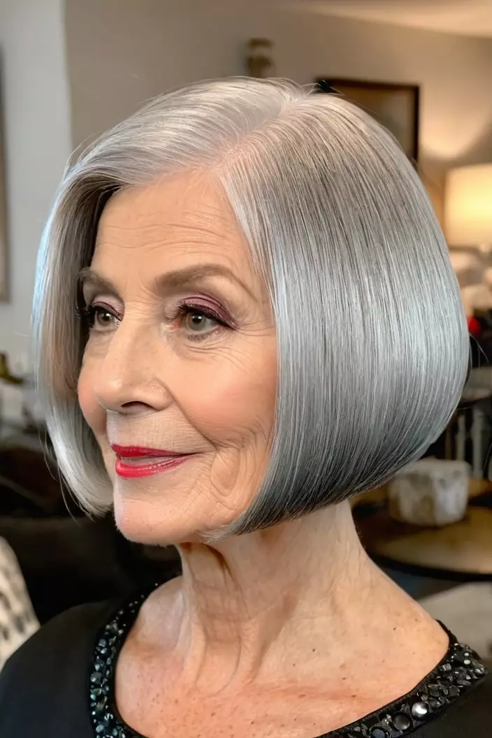 A photo of a 59-year-old Betty, Silver Rounded Bob, side view, living room background  
