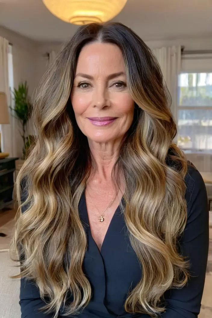 A photo of a 48-year-old Emily, long waves with center part for thick hair, living room background  