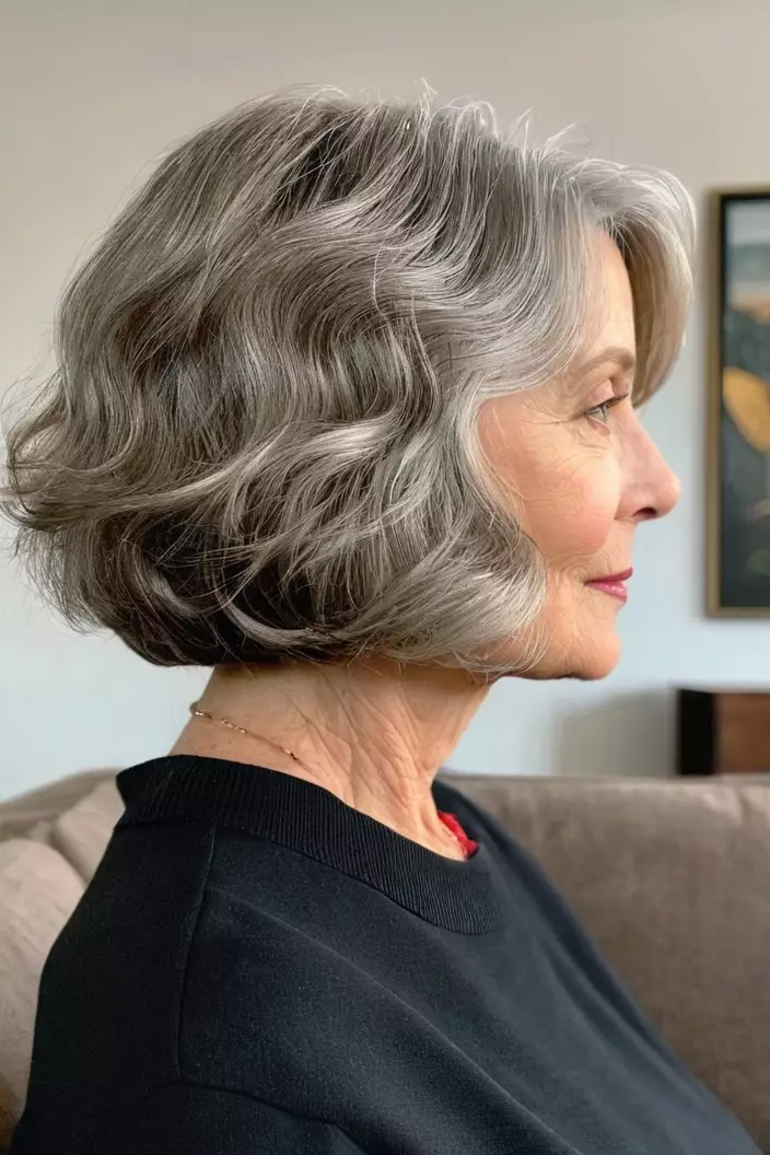 A photo of a 61-year-old Helen, wavy blunt bob with fine hair, side view, living room background  