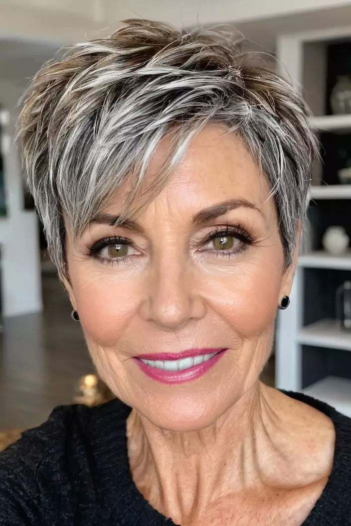 A photo of a 54-year-old Lisa, textured pixie, front view, living room background  